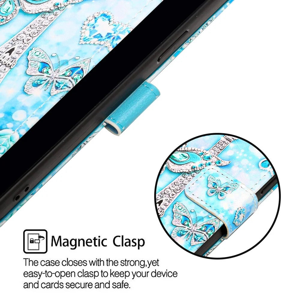 For iPhone 14 Leather Case with Strap and Card Holder Pattern Printing Phone Stand Cover - Mandala Flower - 7