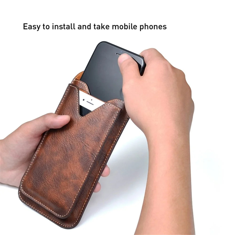 Vertical PU Leather Waist Pouch for 6.5-inch Cell Phones Dual Layer Belt Phone Bag with Hook - Brown - 4