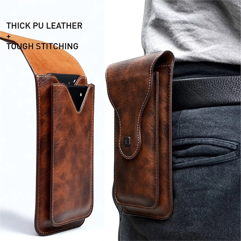 Vertical PU Leather Waist Pouch for 6.5-inch Cell Phones Dual Layer Belt Phone Bag with Hook - Brown - 6