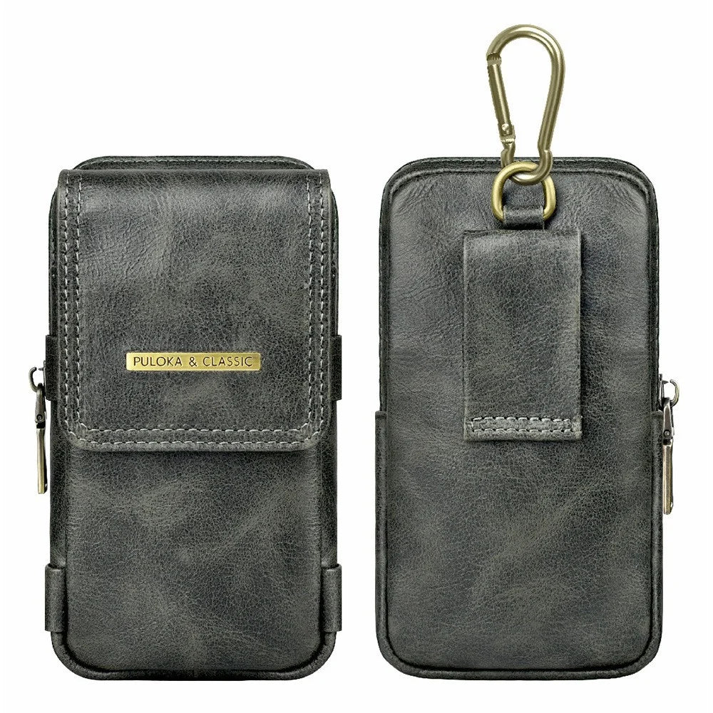 PULOKA Vertical Multifunction Mobile Phone Zippered Bag for 7.2-inch Cell Phones PU Leather Waist Pouch with Pen Holder - Dark Grey - 1