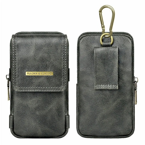 PULOKA Vertical Multifunction Mobile Phone Zippered Bag for 7.2-inch Cell Phones PU Leather Waist Pouch with Pen Holder - Dark Grey - 1