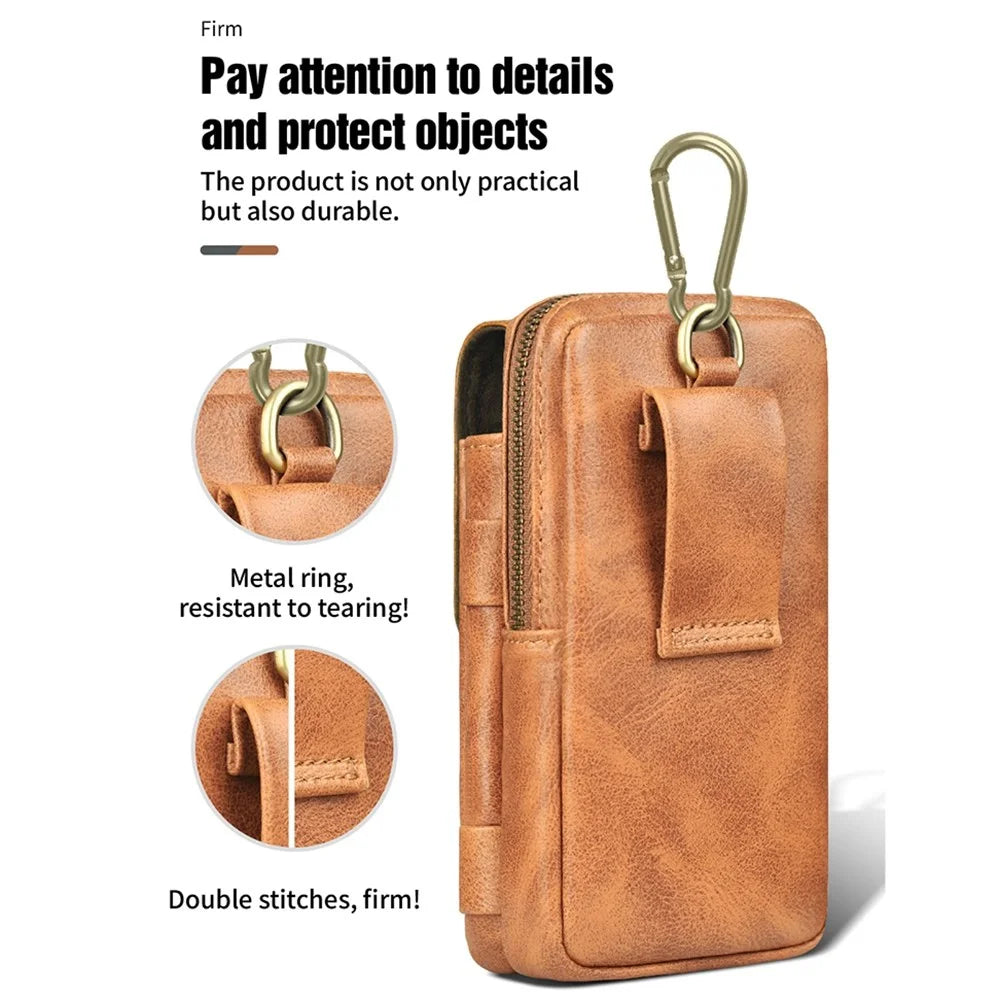 PULOKA Vertical Multifunction Mobile Phone Zippered Bag for 7.2-inch Cell Phones PU Leather Waist Pouch with Pen Holder - Dark Grey - 3