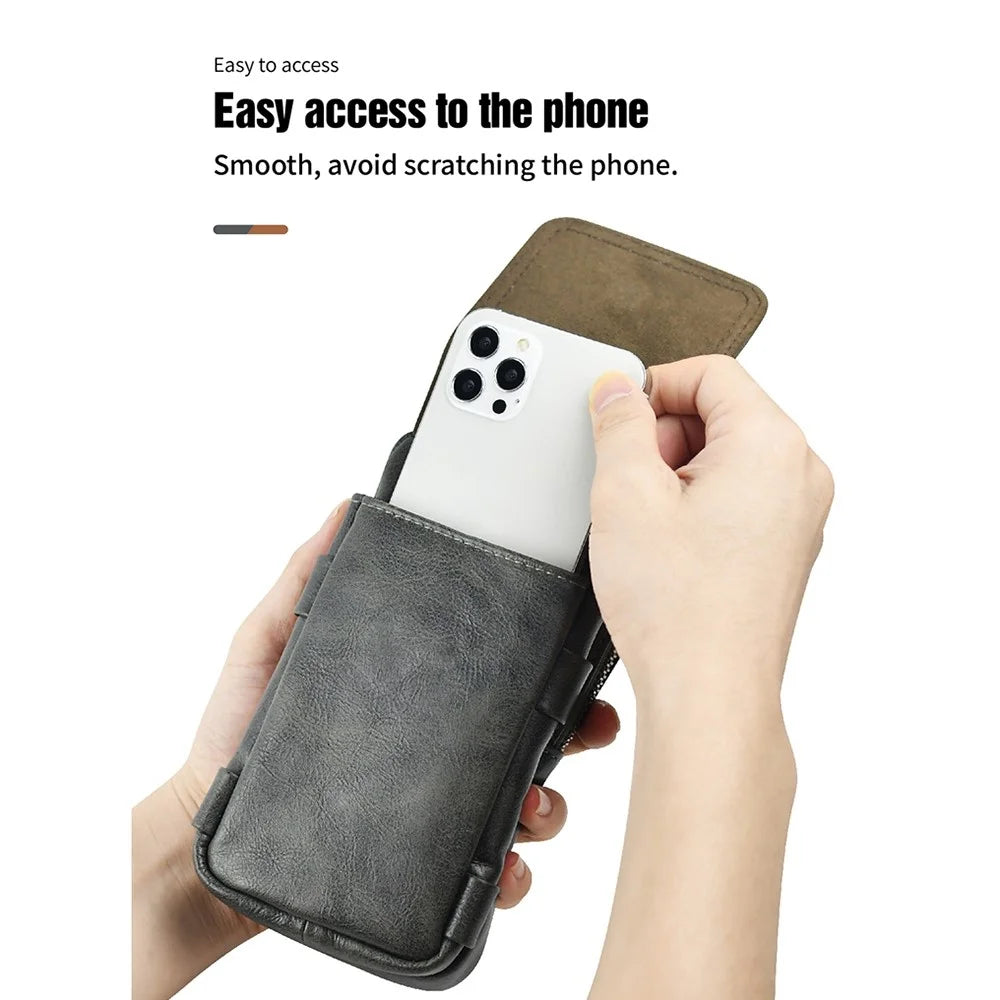 PULOKA Vertical Multifunction Mobile Phone Zippered Bag for 7.2-inch Cell Phones PU Leather Waist Pouch with Pen Holder - Dark Grey - 5