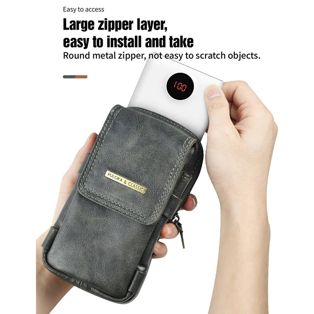 PULOKA Vertical Multifunction Mobile Phone Zippered Bag for 7.2-inch Cell Phones PU Leather Waist Pouch with Pen Holder - Dark Grey - 6