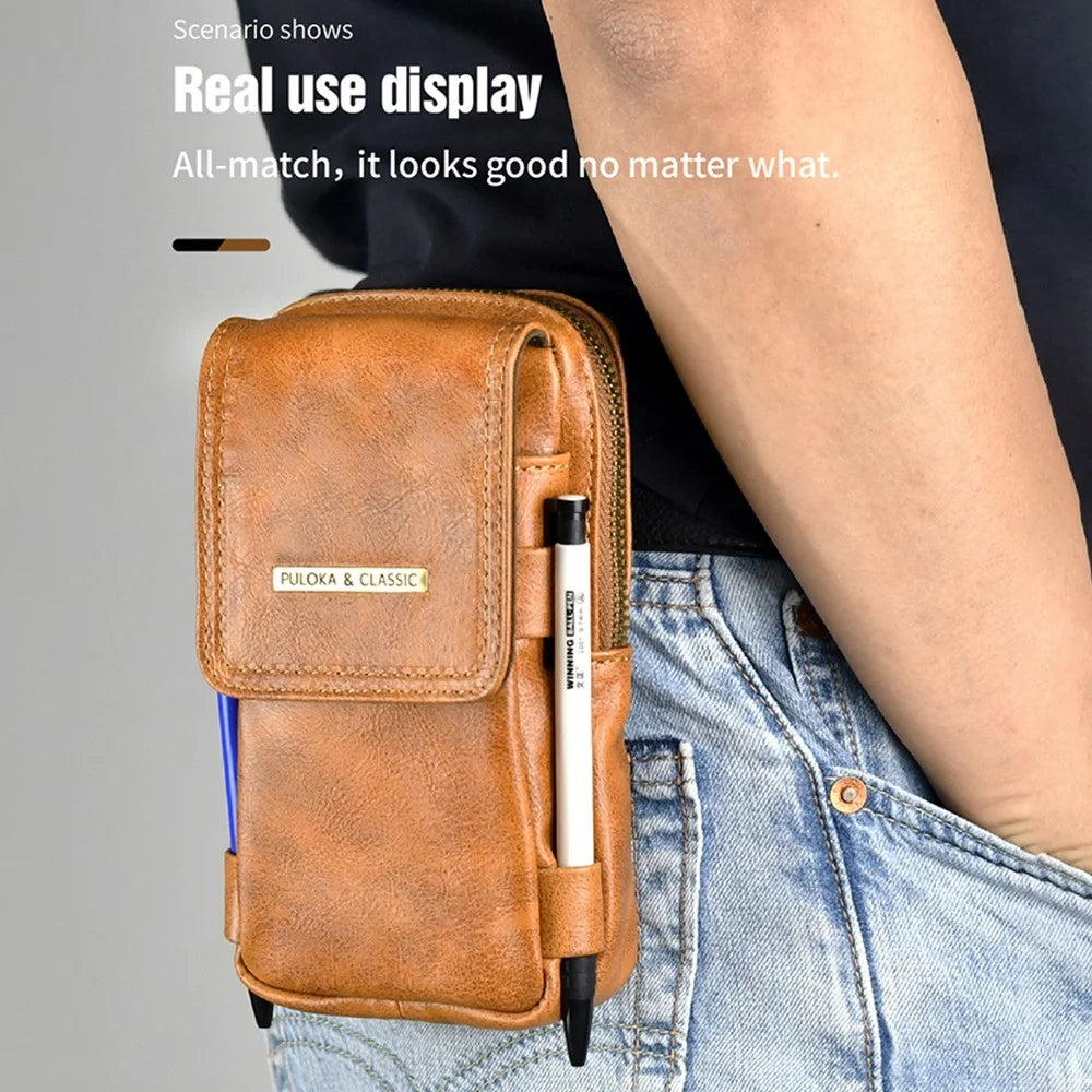 PULOKA Vertical Multifunction Mobile Phone Zippered Bag for 7.2-inch Cell Phones PU Leather Waist Pouch with Pen Holder - Dark Grey - 7