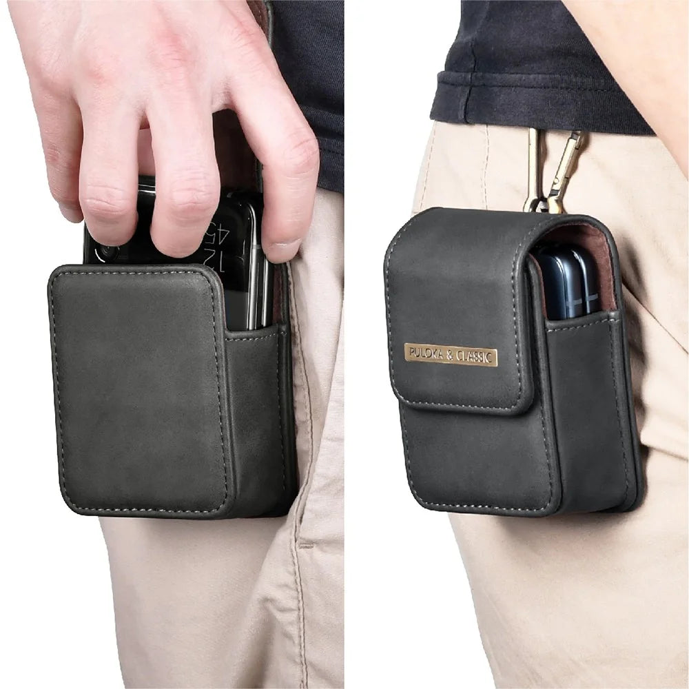 PULOKA for Samsung Galaxy Z Flip5 5G / Flip4 5G / Flip3 5G Portable Waist Bag Vertical Scratch Resistant PU Leather Waist Pouch with Hook - Black - 7