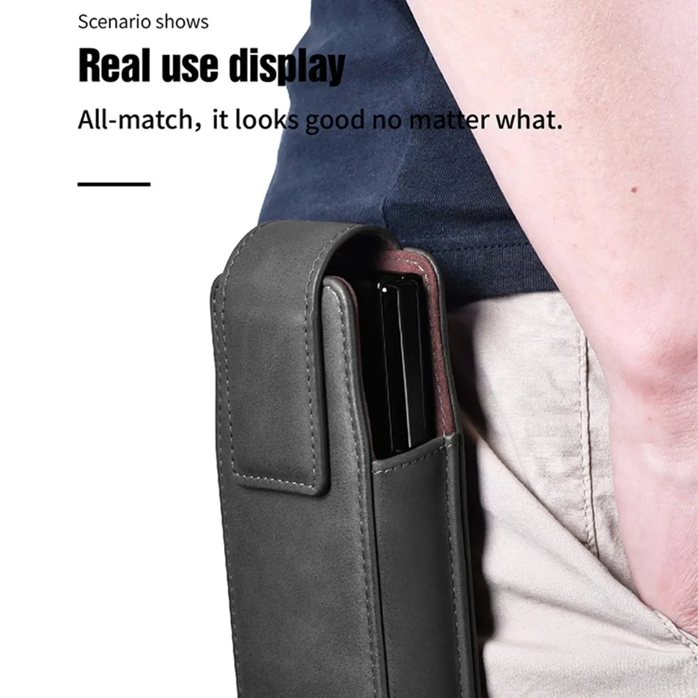 PULOKA Waist Bag for Samsung Galaxy Z Fold5 5G / Fold4 5G / Fold3 5G / Fold2 5G Vertical Phone Bag PU Leather Waist Pouch - Black - 5