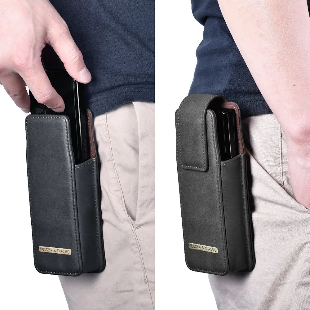 PULOKA Waist Bag for Samsung Galaxy Z Fold5 5G / Fold4 5G / Fold3 5G / Fold2 5G Vertical Phone Bag PU Leather Waist Pouch - Black - 6
