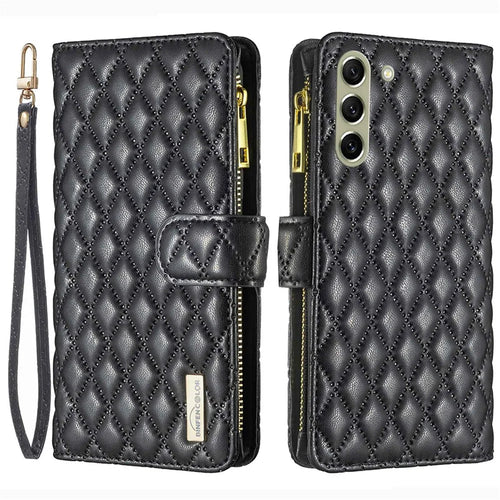 BINFEN COLOR BF Style-15 for Samsung Galaxy S21 FE 5G Imprinted Rhombus Pattern Stand Wallet Phone Case PU Leather Matte Zipper Pocket Cover - Black - 1