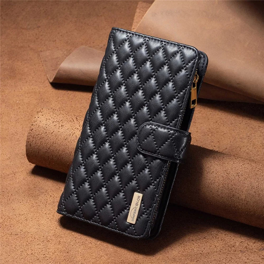 BINFEN COLOR BF Style-15 for Samsung Galaxy S21 FE 5G Imprinted Rhombus Pattern Stand Wallet Phone Case PU Leather Matte Zipper Pocket Cover - Black - 5