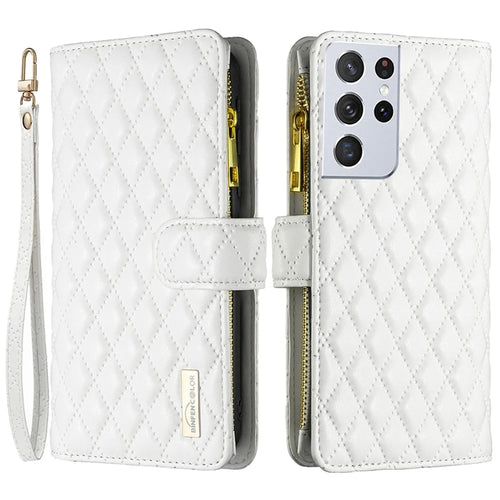 BINFEN COLOR BF Style-15 for Samsung Galaxy S21 Ultra 5G Rhombus Pattern Imprinted Stand Leather Case Matte Protective Phone Cover with Wallet Zipper Pocket - White - 1