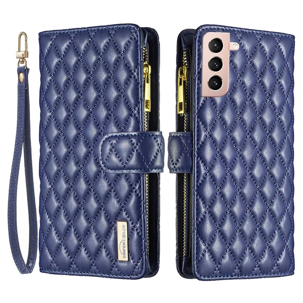 BINFEN COLOR BF Style-15 for Samsung Galaxy S21 4G / 5G Rhombus Pattern Imprinted Matte PU Leather TPU Case Stand Wallet Zipper Pocket Phone Shell Protector - Blue - 1