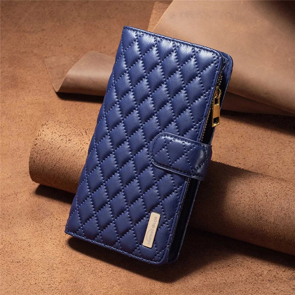 BINFEN COLOR BF Style-15 for Samsung Galaxy S21 4G / 5G Rhombus Pattern Imprinted Matte PU Leather TPU Case Stand Wallet Zipper Pocket Phone Shell Protector - Blue - 5