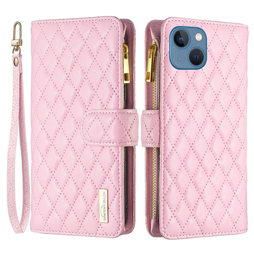 BINFEN COLOR BF Style-15 for iPhone 13 mini 5.4 inch Zipper Pocket Rhombus Pattern Imprinted Phone Case Matte PU Leather Wallet Stand Shell - Pink - 1