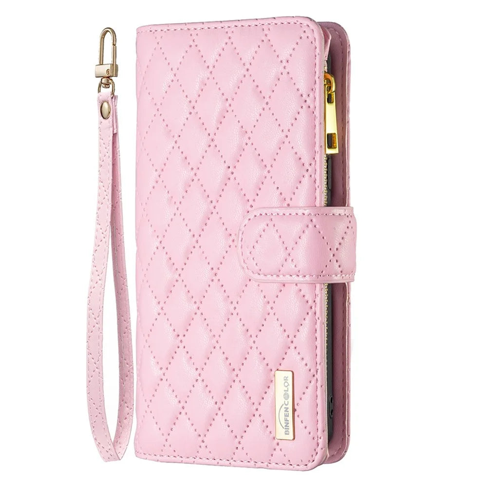 BINFEN COLOR BF Style-15 for iPhone 13 mini 5.4 inch Zipper Pocket Rhombus Pattern Imprinted Phone Case Matte PU Leather Wallet Stand Shell - Pink - 7