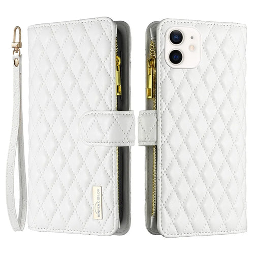 BINFEN COLOR BF Style-15 for iPhone 12 mini 5.4 inch Zipper Pocket Imprinting Rhombus Pattern Matte PU Leather Phone Case with Wallet Stand - White - 1