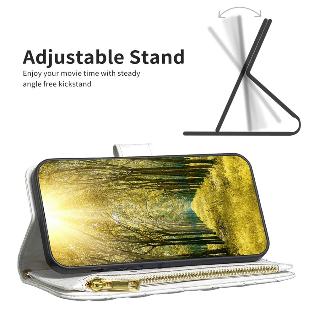 BINFEN COLOR BF Style-15 for iPhone 12 mini 5.4 inch Zipper Pocket Imprinting Rhombus Pattern Matte PU Leather Phone Case with Wallet Stand - White - 2