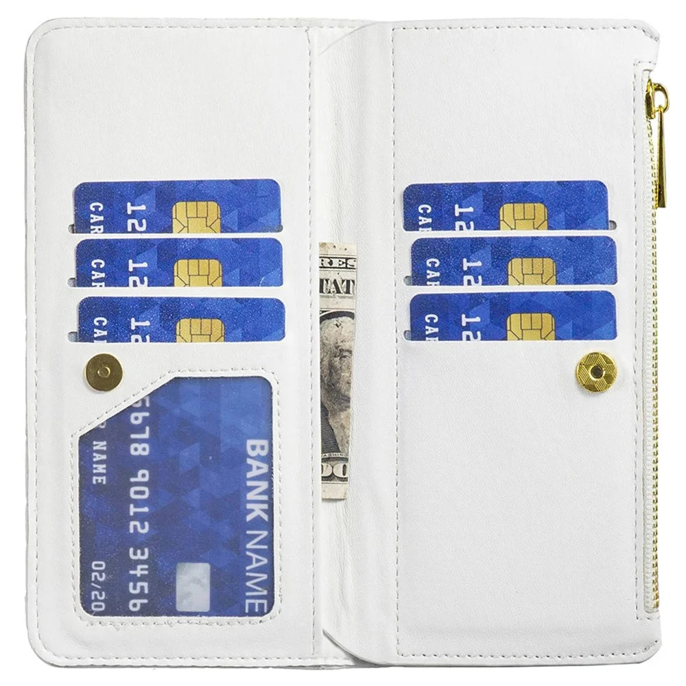 BINFEN COLOR BF Style-15 for iPhone 12 mini 5.4 inch Zipper Pocket Imprinting Rhombus Pattern Matte PU Leather Phone Case with Wallet Stand - White - 4