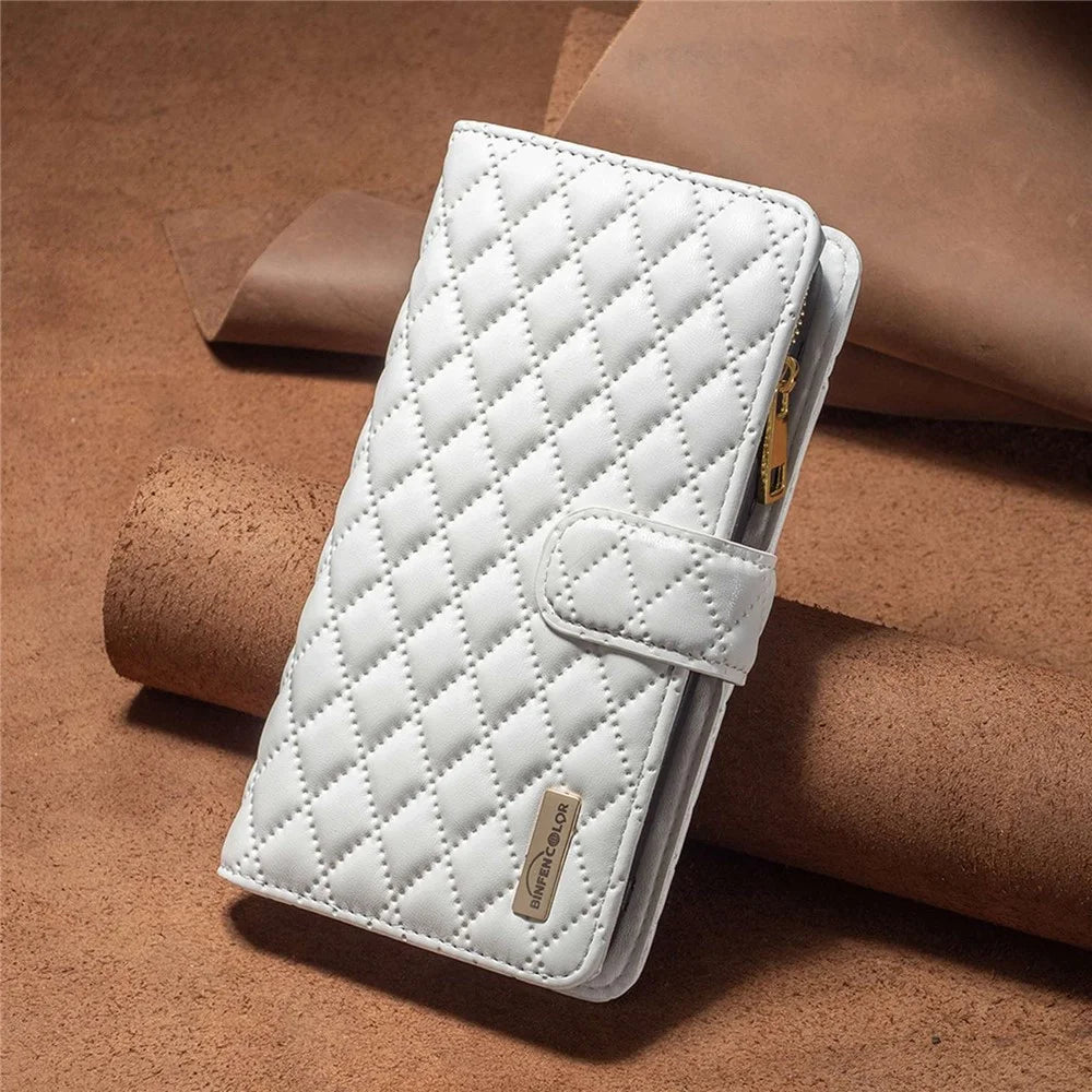 BINFEN COLOR BF Style-15 for iPhone 12 mini 5.4 inch Zipper Pocket Imprinting Rhombus Pattern Matte PU Leather Phone Case with Wallet Stand - White - 5