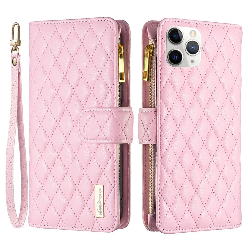 BINFEN COLOR BF Style-15 for iPhone 11 Pro Max 6.5 inch Zipper Pocket PU Leather Stand Wallet Phone Case Imprinting Rhombus Pattern Matte Cover - Pink - 1