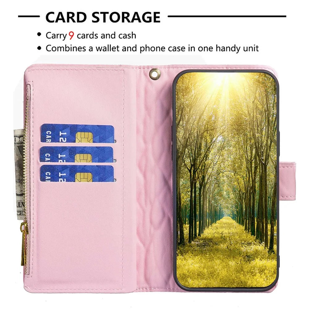 BINFEN COLOR BF Style-15 for iPhone 11 Pro Max 6.5 inch Zipper Pocket PU Leather Stand Wallet Phone Case Imprinting Rhombus Pattern Matte Cover - Pink - 3