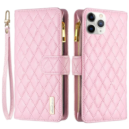 BINFEN COLOR BF Style-15 for iPhone 11 Pro 5.8 inch Zipper Pocket Stand Wallet PU Leather Shell Imprinting Rhombus Pattern Matte Phone Case - Pink - 1
