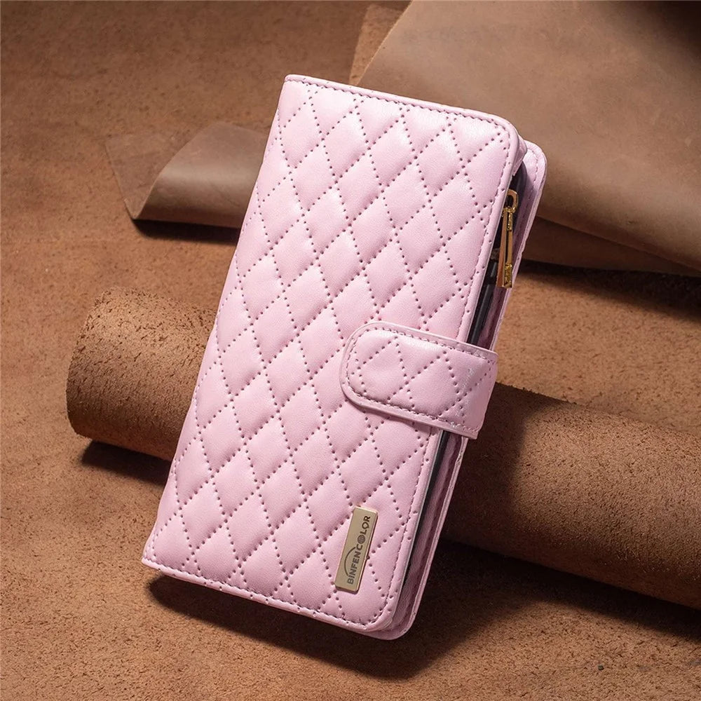 BINFEN COLOR BF Style-15 for iPhone 11 Pro 5.8 inch Zipper Pocket Stand Wallet PU Leather Shell Imprinting Rhombus Pattern Matte Phone Case - Pink - 5