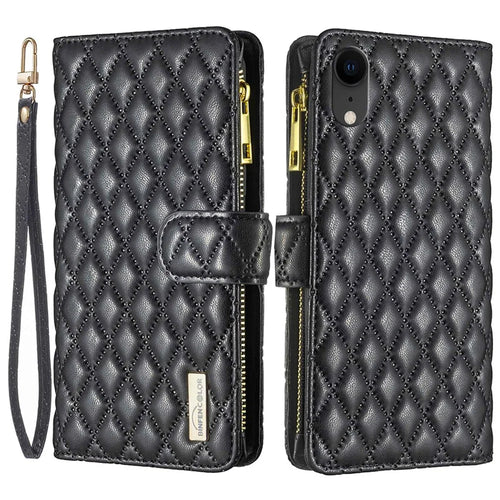 BINFEN COLOR BF Style-15 Zipper Pocket Case for iPhone XR 6.1 inch, PU Leather Stand Wallet Matte Rhombus Pattern Imprinted Phone Cover - Black - 1
