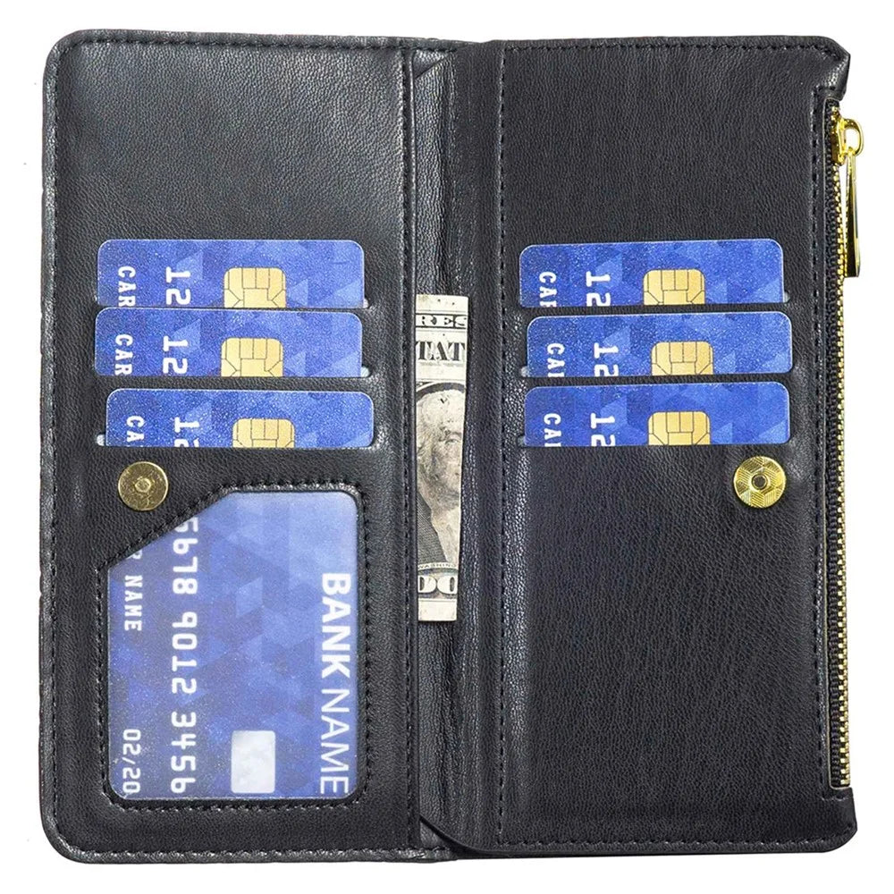 BINFEN COLOR BF Style-15 Zipper Pocket Case for iPhone XR 6.1 inch, PU Leather Stand Wallet Matte Rhombus Pattern Imprinted Phone Cover - Black - 4