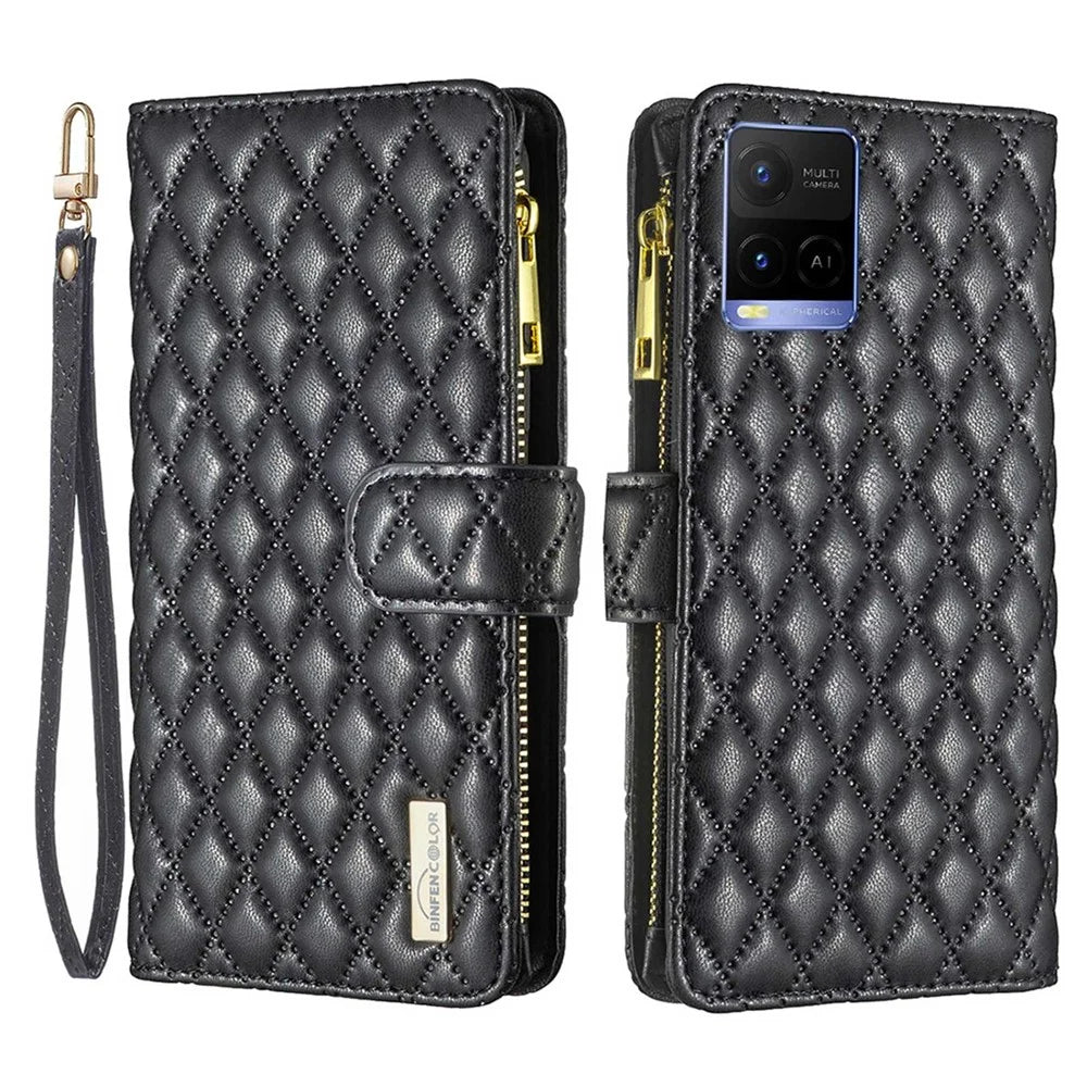BINFEN COLOR BF Style-15 Phone Cover for vivo Y21 / Y21s / Y33s, Zipper Pocket Design Imprinted Rhombus Pattern Matte Anti-drop Cover PU Leather Wallet Folio Flip Mobile Phone Case - Black - 1
