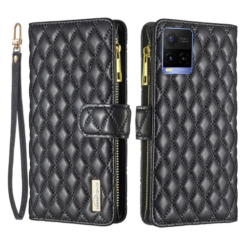 BINFEN COLOR BF Style-15 Phone Cover for vivo Y21 / Y21s / Y33s, Zipper Pocket Design Imprinted Rhombus Pattern Matte Anti-drop Cover PU Leather Wallet Folio Flip Mobile Phone Case - Black - 1