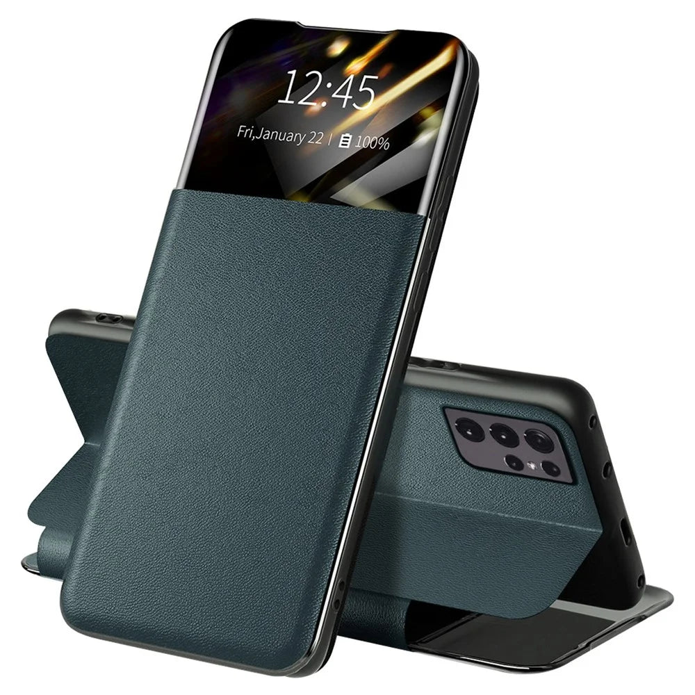 For Samsung Galaxy S21 Ultra 5G Card Holder Stand PU Leather Protective Case View Window Phone Cover - Blackish Green - 1