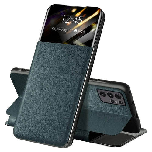 For Samsung Galaxy S21 Ultra 5G Card Holder Stand PU Leather Protective Case View Window Phone Cover - Blackish Green - 1