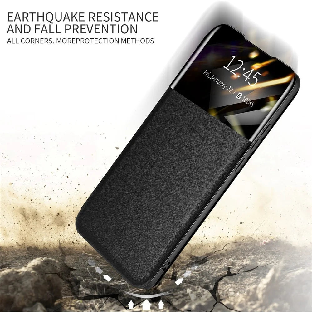 For Samsung Galaxy S21 Ultra 5G Card Holder Stand PU Leather Protective Case View Window Phone Cover - Blackish Green - 4