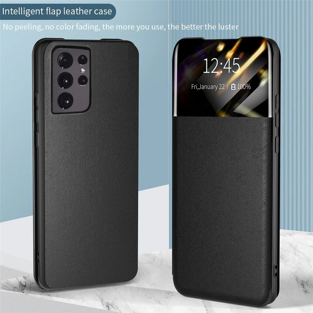 For Samsung Galaxy S21 Ultra 5G Card Holder Stand PU Leather Protective Case View Window Phone Cover - Blackish Green - 6
