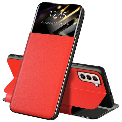 For Samsung Galaxy S21+ 5G View Window PU Leather Case Card Holder Stand Folio Flip Phone Cover - Red - 1
