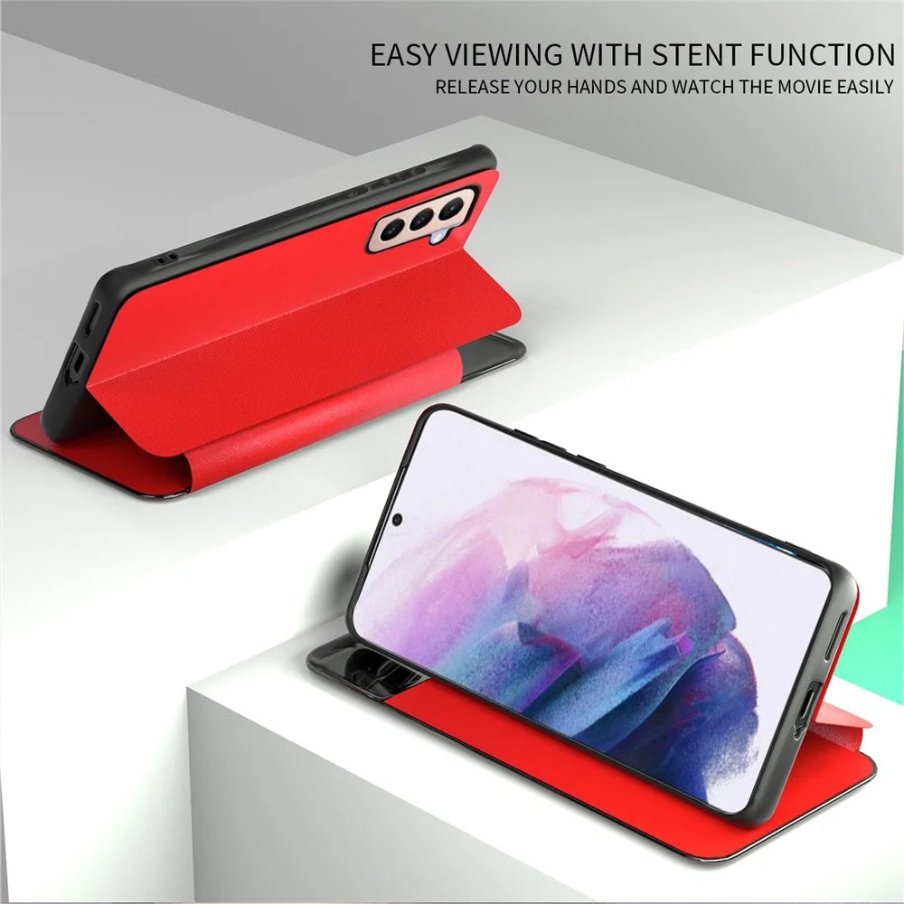 For Samsung Galaxy S21+ 5G View Window PU Leather Case Card Holder Stand Folio Flip Phone Cover - Red - 4