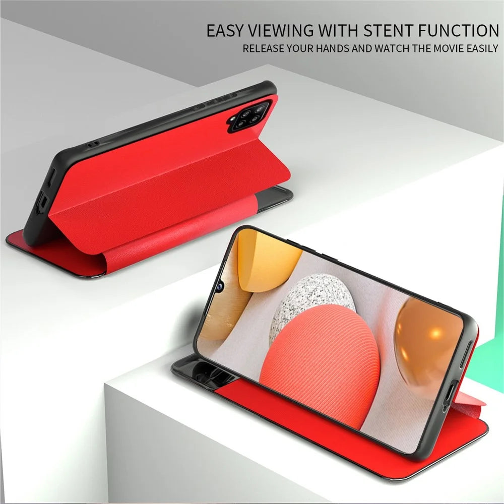 For Samsung Galaxy A42 5G Full Protection Stand Card Slot Phone Case PU Leather Protective Cover with View Window - Red - 2