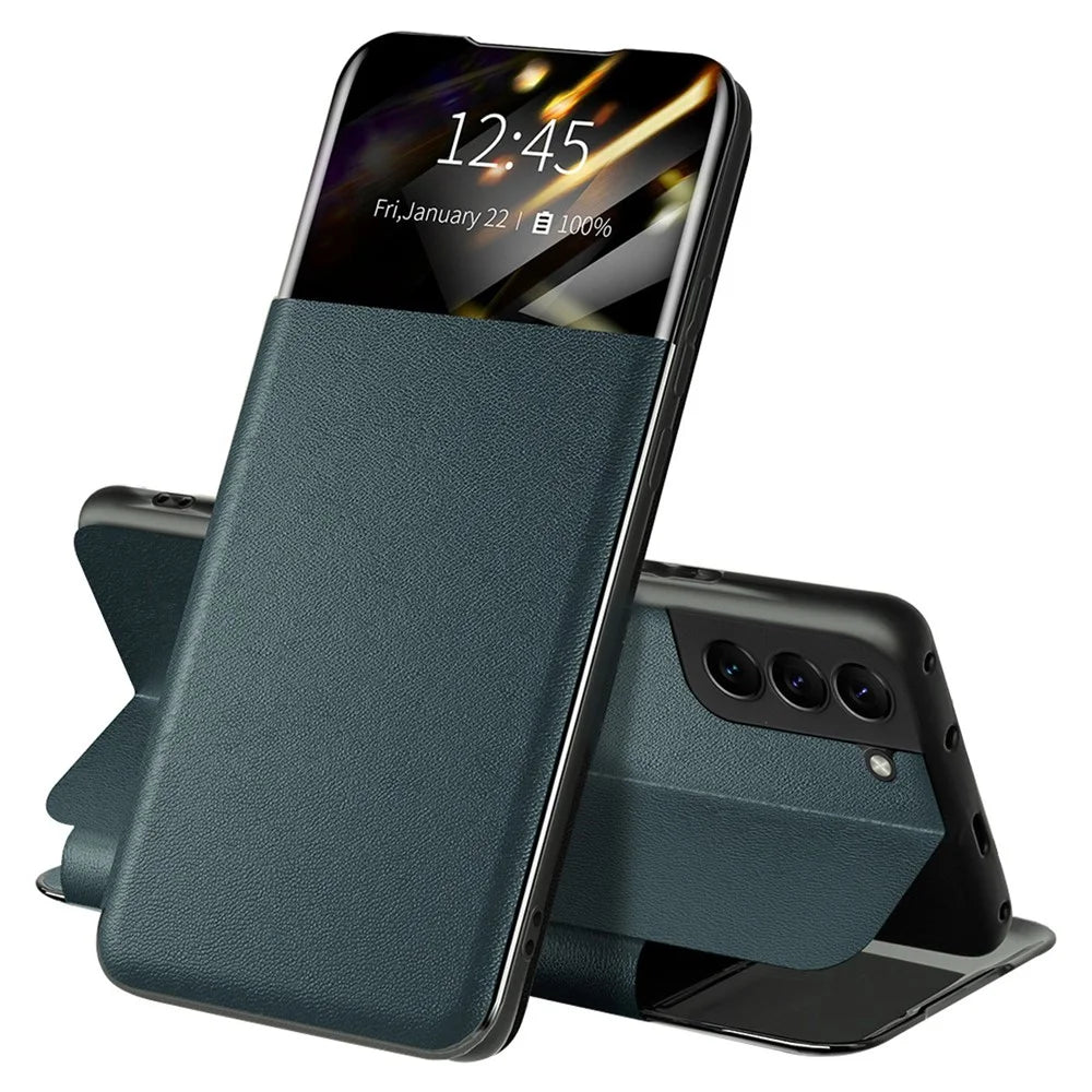 For Samsung Galaxy S22 5G Shockproof Leather Cover Stand Card Slot View Window Phone Case Protector - Blackish Green - 1