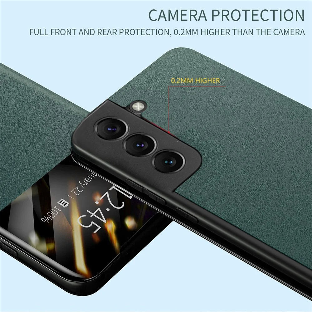 For Samsung Galaxy S22 5G Shockproof Leather Cover Stand Card Slot View Window Phone Case Protector - Blackish Green - 2