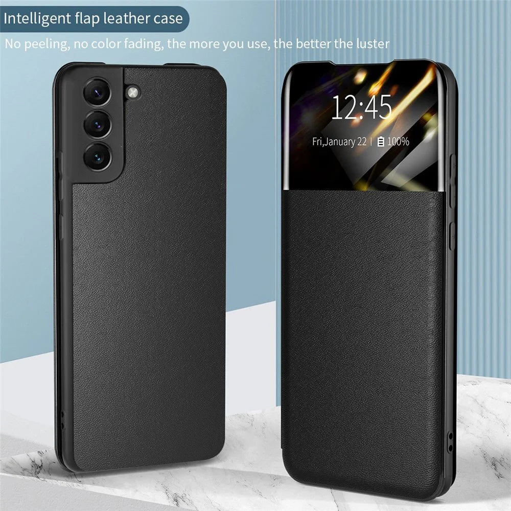 For Samsung Galaxy S22 5G Shockproof Leather Cover Stand Card Slot View Window Phone Case Protector - Blackish Green - 3