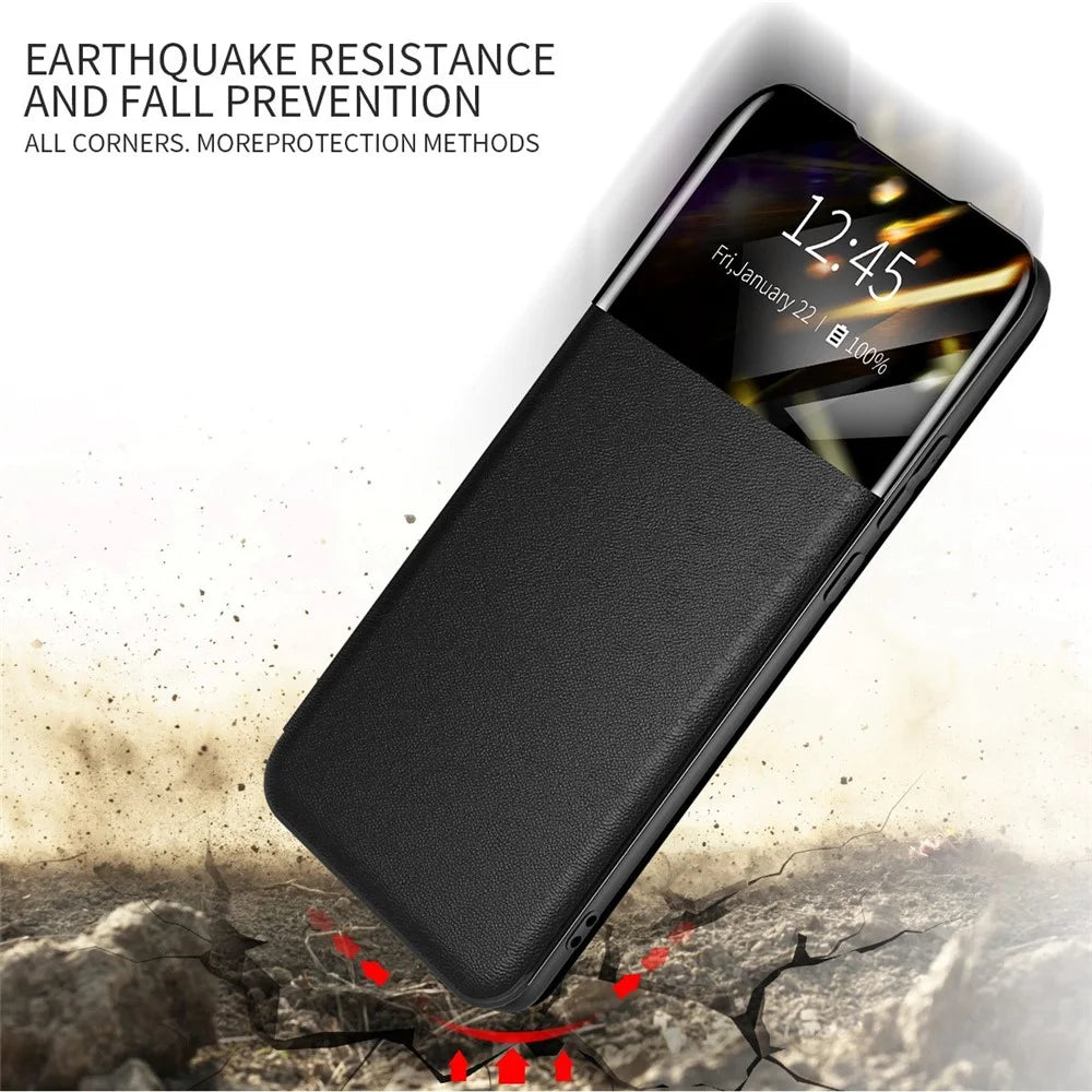 For Samsung Galaxy S22 5G Shockproof Leather Cover Stand Card Slot View Window Phone Case Protector - Blackish Green - 5