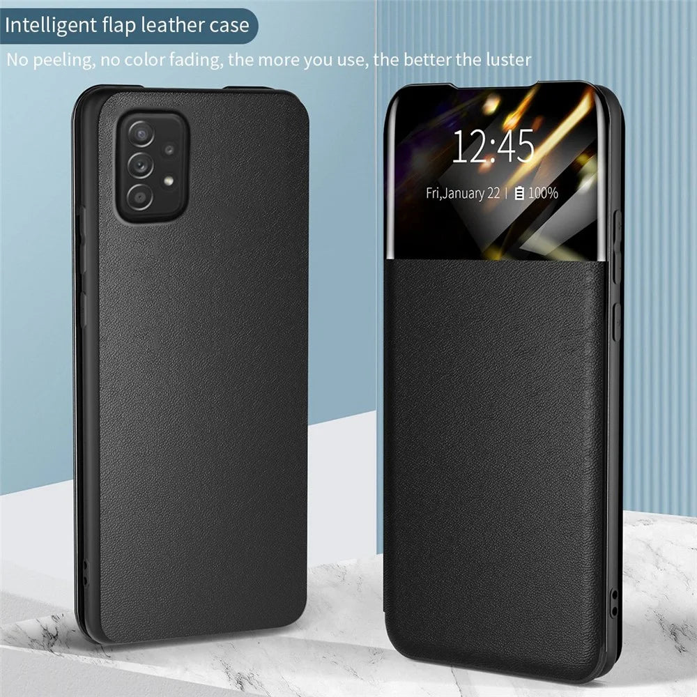 For Samsung Galaxy A72 4G / 5G View Window PU Leather Case Full Protection Card Holder Stand Folio Flip Phone Cover - Blue - 4