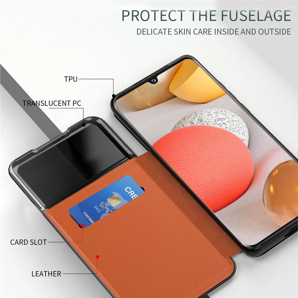 For Samsung Galaxy A72 4G / 5G View Window PU Leather Case Full Protection Card Holder Stand Folio Flip Phone Cover - Blue - 6