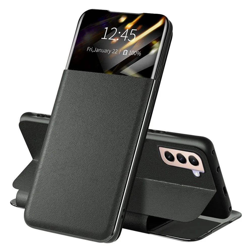 For Samsung Galaxy S22+ 5G View Window Phone Case PU Leather Card Holder Stand Protective Cover - Black - 1