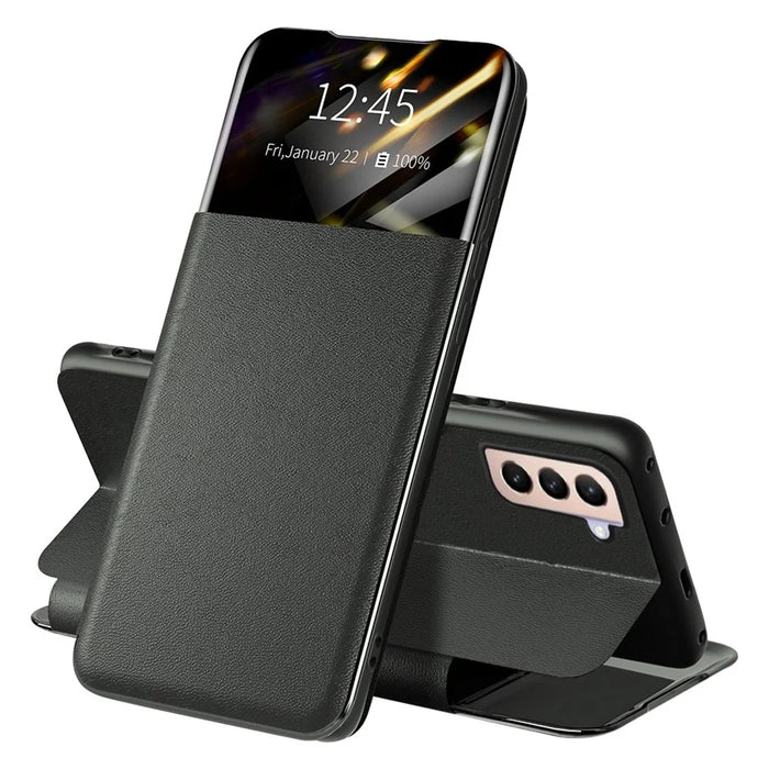For Samsung Galaxy S22+ 5G View Window Phone Case PU Leather Card Holder Stand Protective Cover - Black - 1