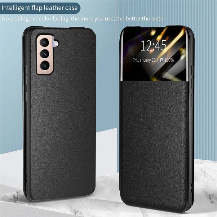 For Samsung Galaxy S22+ 5G View Window Phone Case PU Leather Card Holder Stand Protective Cover - Black - 5