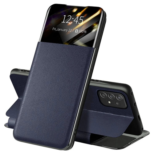 For Samsung Galaxy A52 4G / 5G / A52s 5G View Window Drop-proof Leather Phone Case with Card Holder Stand - Blue - 1