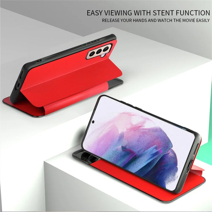 For Samsung Galaxy A52 4G / 5G / A52s 5G View Window Drop-proof Leather Phone Case with Card Holder Stand - Blue - 3