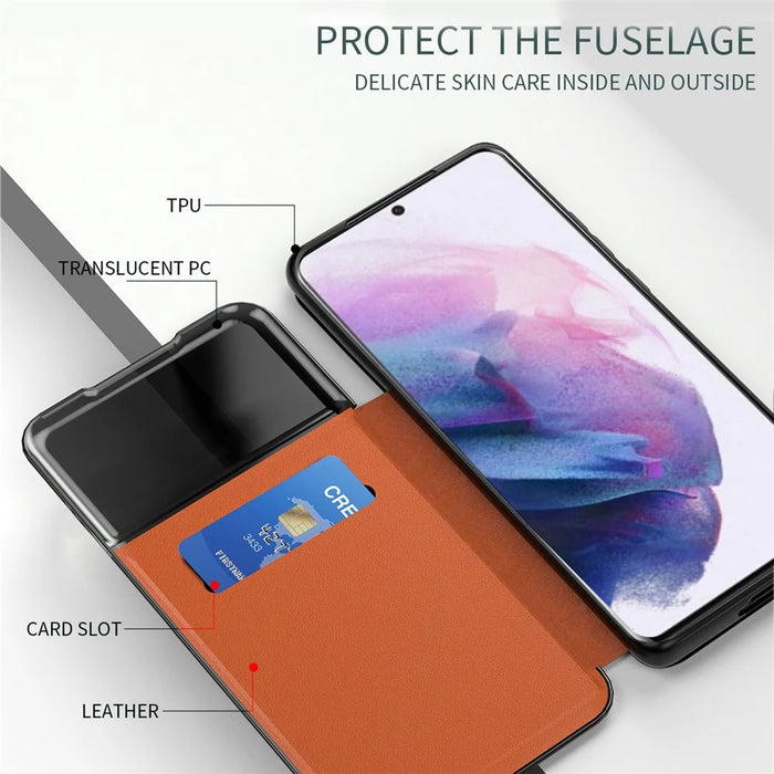 For Samsung Galaxy A52 4G / 5G / A52s 5G View Window Drop-proof Leather Phone Case with Card Holder Stand - Blue - 5